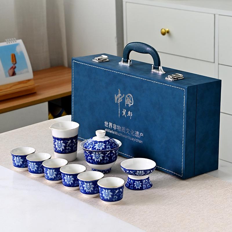 Blue and white kung fu tea set, a complete set of gift boxes, ceramic retro full set of gifts, souvenirs, high-end sense of light luxury, high-end