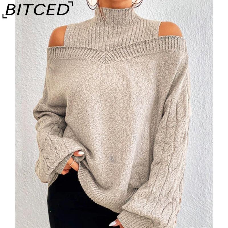 BITCED Свитер оверсайз с открытыми плечами и полувысоким воротником для женщин - Осень/Зима XXXXXL абрикосовый