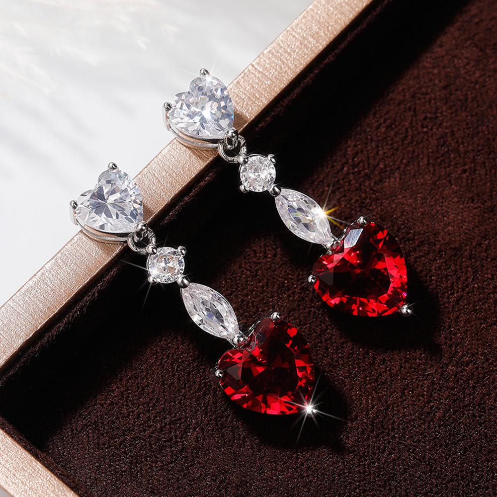Trendy Elegant Created Red Heart Zircon Earrings  Silver Needle String Statement Drop Earrings for Women Wedding Party Gift