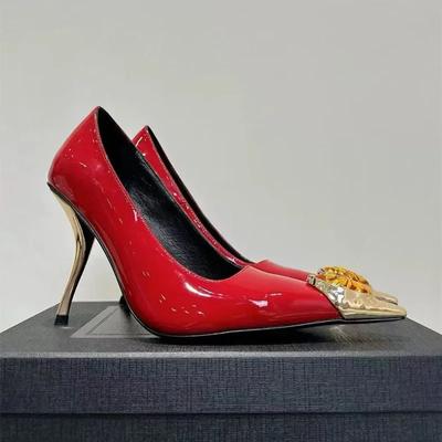 2025 Nuove Lussuose Scarpe da Donna con Tacco Alto Sottile in Vernice con Pietre Preziose, Punta Quadrata in Metallo, Moda Ufficio, Scarpe da Donna per Feste e Banchetti
