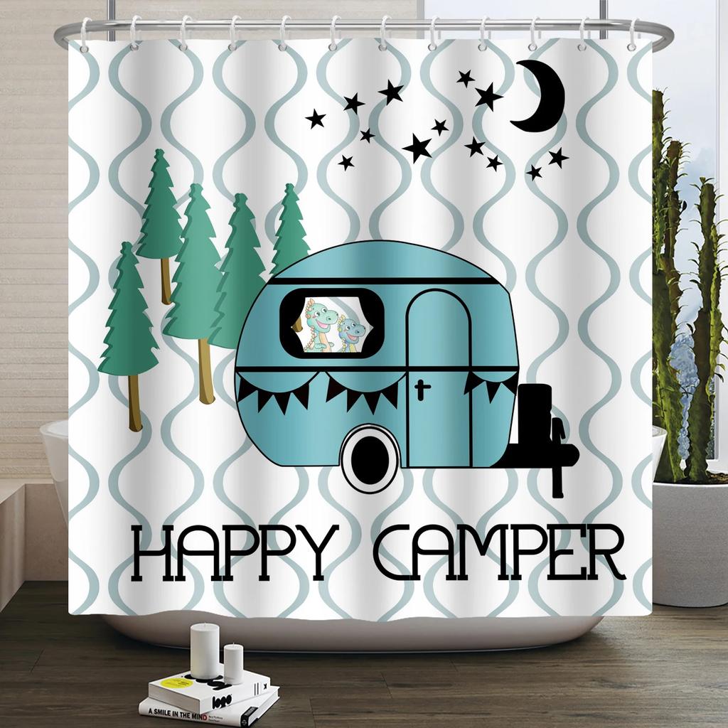 Camper Shower Curtain Happy Camper Trailer Car Rv Forest Mountain Tent Camping Bathroom Shower Curtain Waterproof Bath Curtain
