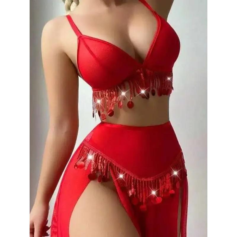 Erotic Sexy Transparent Solid Color Sequin Skirt Set Backless Deep V Suspenders Sleeveless Skirt Sets Charming Elegant Beautiful