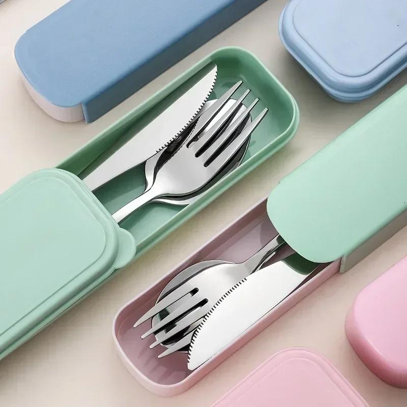 3/4pcs Portable Stainless Steel Cutlery Suit with Storage Box Chopstick Fork Spoon Knife Travel Tableware Set Camping Cutlery