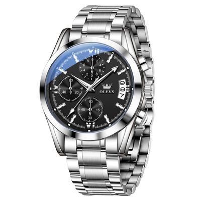 Men's Watch Waterproof Luminous Chronograph Date Stainless Steel Band Business Casual Stylish Watch for Men Black