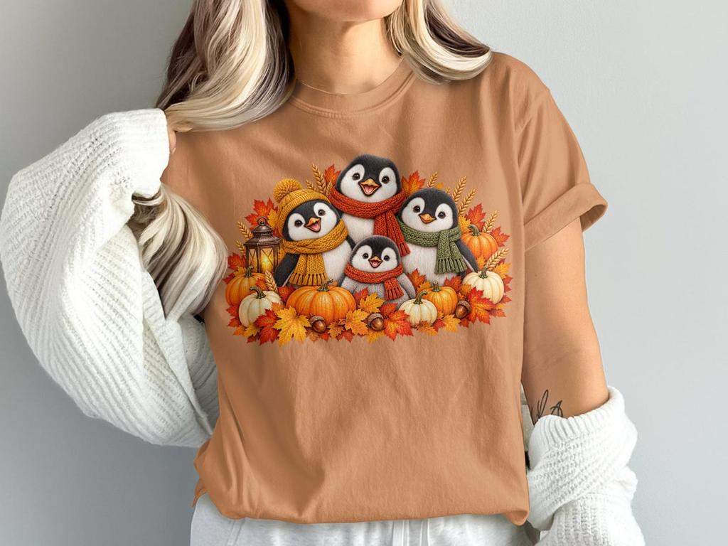Fall Penguin Shirt, Autumn Family with Knit Scarves, Pumpkins, Wheat and Glowing Lantern