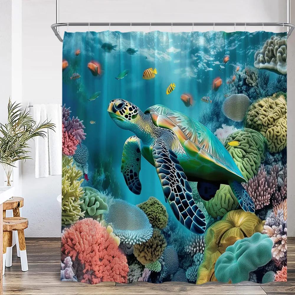 Sea Animals Shower Curtain 3D Dolphin Turtle Octopus Jellyfish Undersea World Bathroom Decoration Kids Polyester Bathtub Curtain
