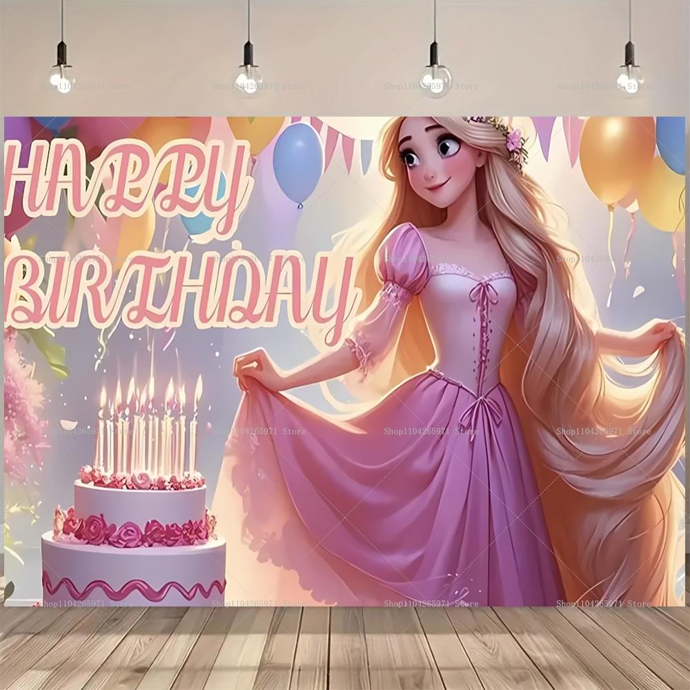 Fundo Desenho Enrolados Rapunzel Cabelo Longo Princesa Meninas Festa de Aniversário Chá de Bebê Fundo para Fotografia