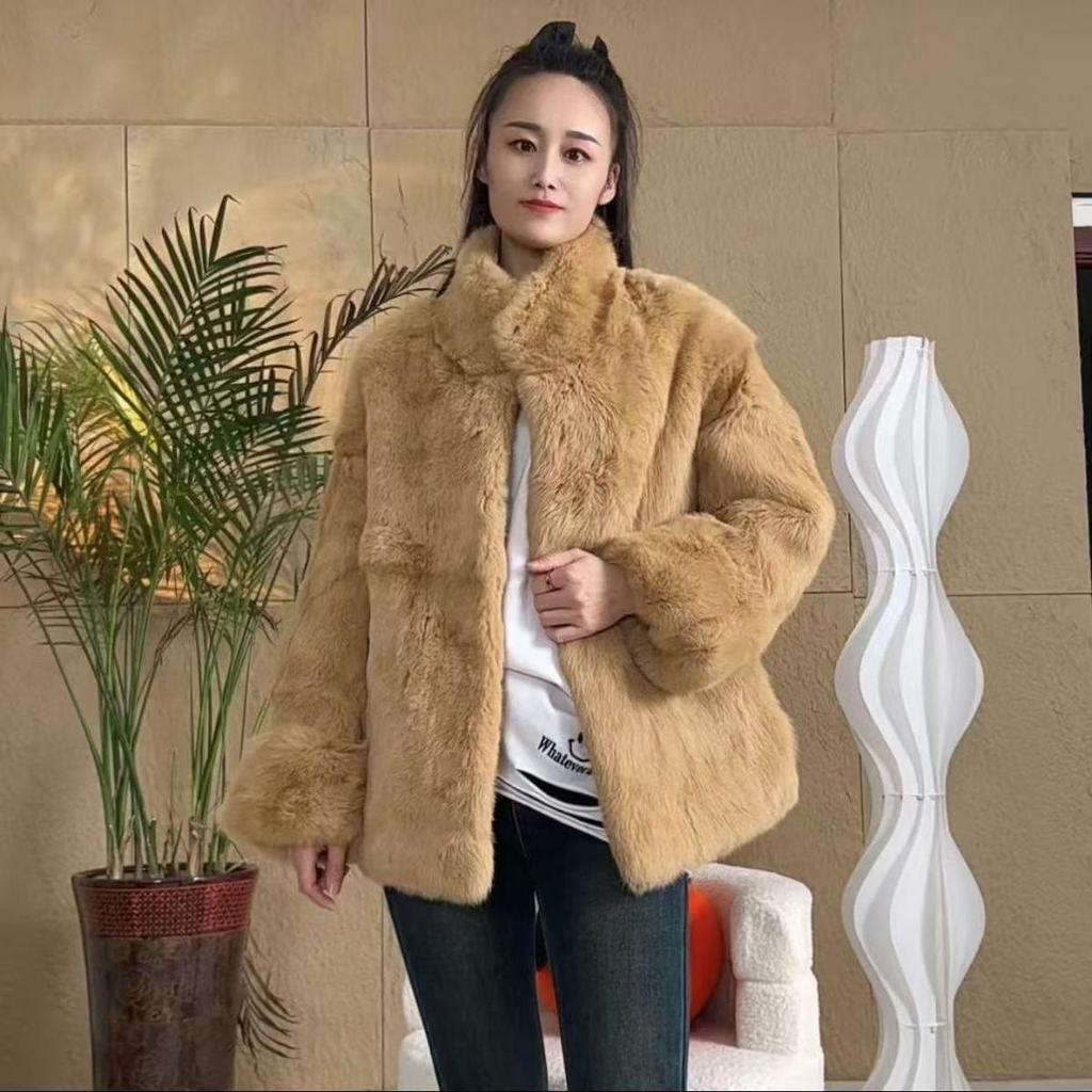 Real Rabbit Fur Coat Long Woman Winter Fashion Stand Collar Plus Size Luxury Warm Outwear Waisted Real Fur