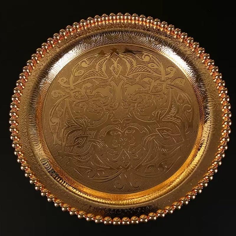 European Fruit Tray, Alloy Household Metal Round Shape High-Grade Relief Plate,Gold Snack Plate Home Table Decoration