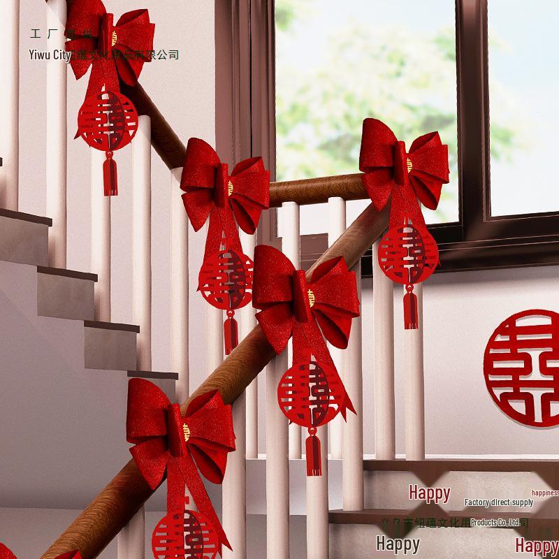 Online Celebrity Wedding Stair Railing Décor Set: Groom's Ceremony Ribbons, Bows, and Pull Flowers