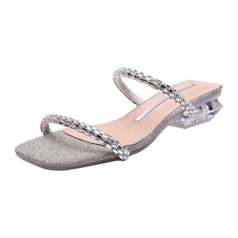 Fashion Women's Slippers and Ladies Sandals Jewels Clear Job Outside Crystals Open Toe Shoes Wedding Slides Low Heel Rhenstone W Shoe 39