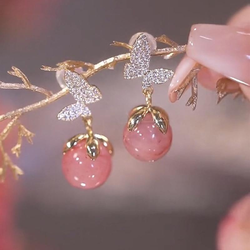 Korean Fashion Butterfly Earrings Earrings for Women Pink Opal Dangle Earrings Valentines Day Anniversary Birthday Jewelry Gift