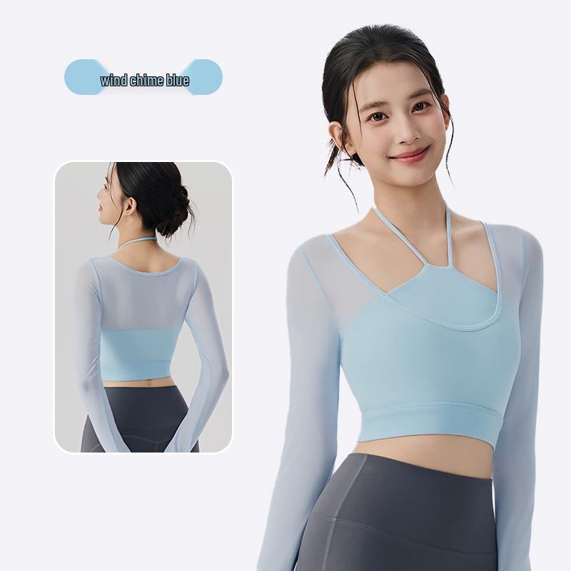 Женский сетчатый топ-халтер для йоги, двухсекционный, с фиксированными чашками и интегрированным спортивным бюстгальтером с эффектом стройности Medium