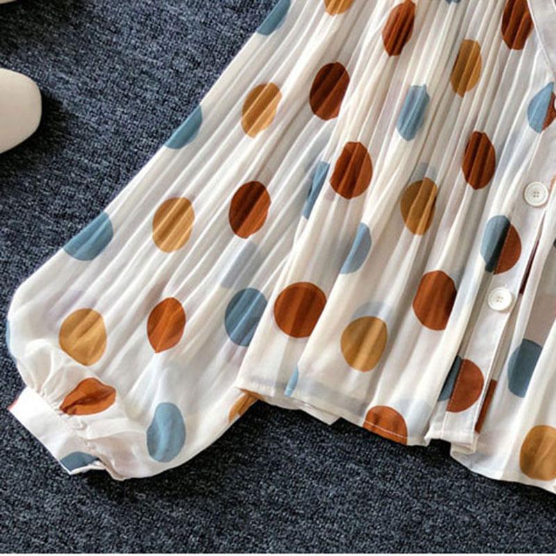 Polka Dot Casual V-Neck Chiffon Single Breasted Lantern Sleeve Folds Women's Blouse Shirt Female Clothing Tops