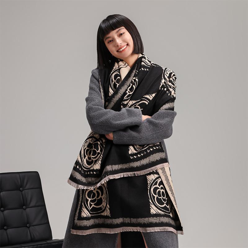 Scarf Women's Cashmere Camellia Simple Double-sided Versatile Dual-purpose Shawl Air Conditioner Warm Wool Scarf