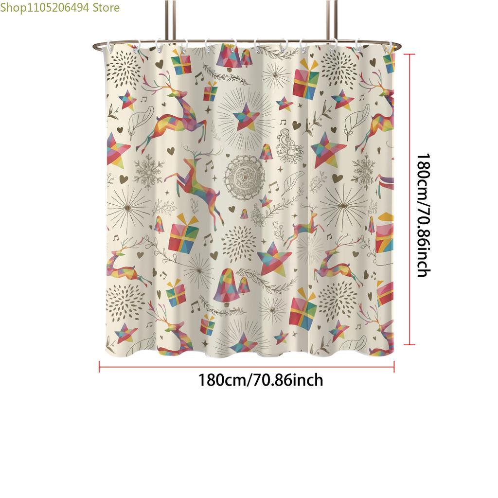 1pc Christmas Print Waterproof Perforated Shower Curtain Shower Partition Privacy Multi Size with 12 Hooks for Easy Installati