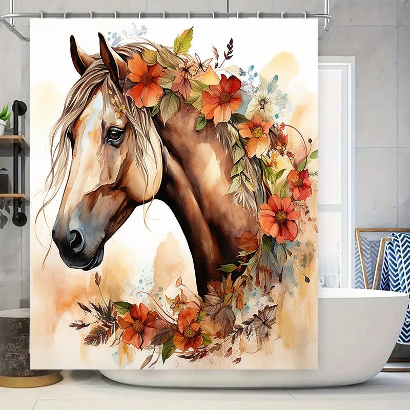 

Яркая Цветочная Лошадь Шторка для Душа Водонепроницаемый Декор для Ванной Розовый Оранжевый Рустикальный Дизайн Осенних Листьев для Детских Ванн Прочный 180x180cm