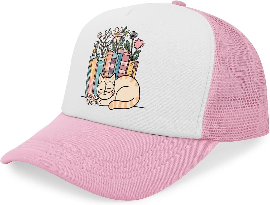 Schlafende Katze mit Blumen und Büchern Trucker-Mütze Polyester-Netz Baseballkappe Lässig für Erwachsene Geschenk