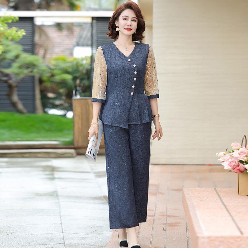 Chic Summer Two-Piece Set: Trendy Mid-Sleeve Shirt & Pants for Middle-Aged Women
