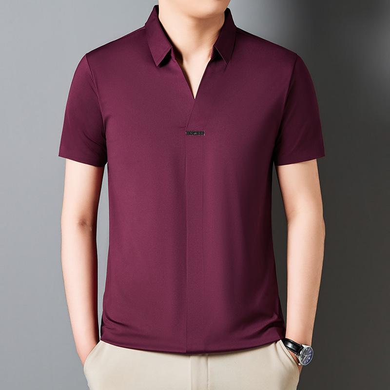 Summer Youth Business Casual High Elastic Half-sleeved POLO Shirt Ice Silk Seamless V-neck Short-sleeved Men's T-shirt