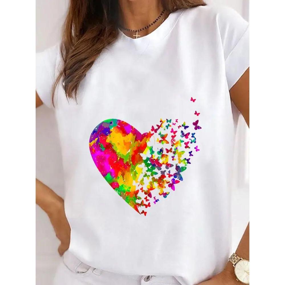 Summer Round Neck Love Flower Butterfly and Bee Pattern 3D Print Top Fashionable Casual Short Sleeved Women's T-shirts
