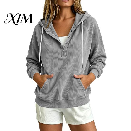 Hooded Pullover Top Autumn Women Corduroy Hoodie with Kangaroo Pocket, Solid Color Long Casual Sleeves Sweatshirt, Button Collar Drawstring S