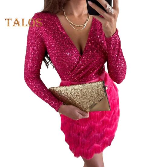 

Жіноча вечірня сукня з блискітками та паєтками, довгий рукав, глибокий V-подібний виріз, корсет, міні-сукня, осінньо-зимова коктейльна гала-сукня для вечірки на випускний, нічний клуб L рожевий червоний колір