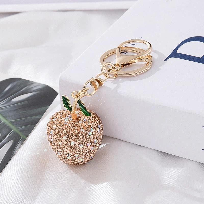 Cute Full Diamond Green Keychains Crystal Fruit Pendant Key Ring Fashion Handbag Decor Jewelry Gift For Women Girls