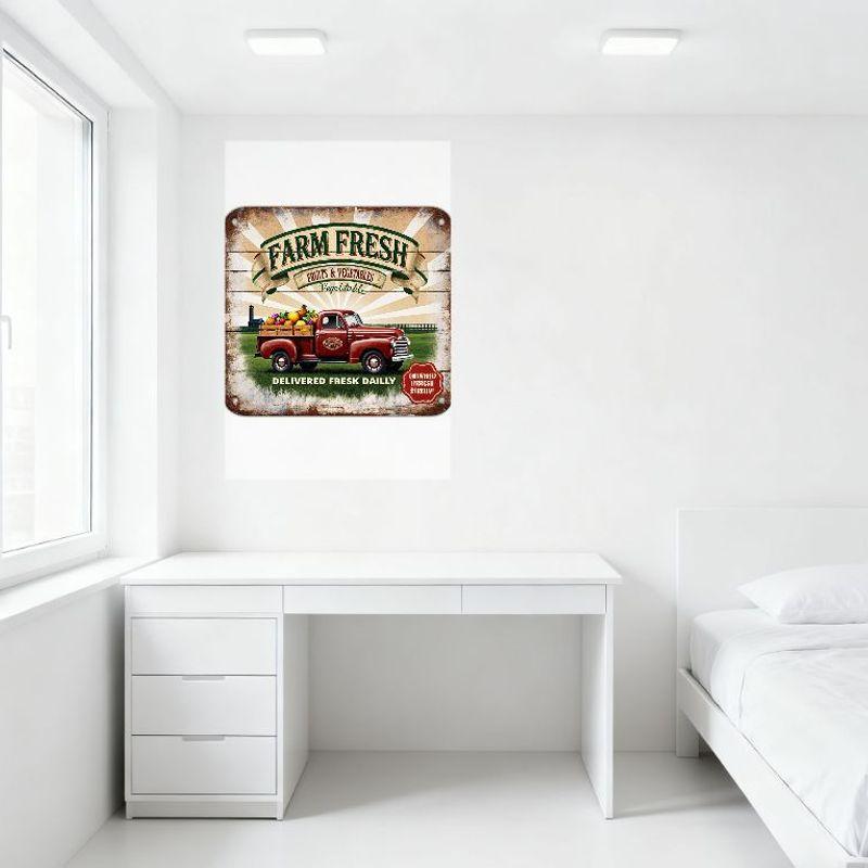 Vintage Rustic Farm Fresh Metal Sign with Red Pickup Truck, Fruits & Vegetables for Countryside Home Decor, Farmhouse Kitchen Wa