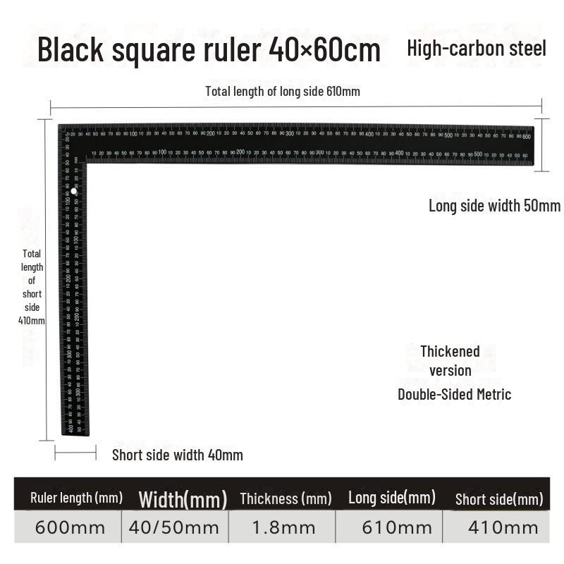 

High Carbon Steel Black Angle Ruler Set - 300mm & 600mm for Woodworking & Drawing