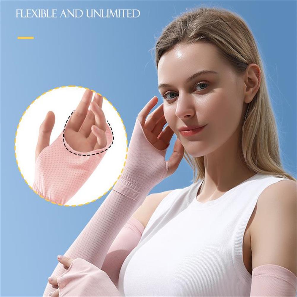 1 Pair Cooling Arm Sleeves With Thumb Hole Outdoor Ice Silk Uv Sun Protective Arm Sleeves