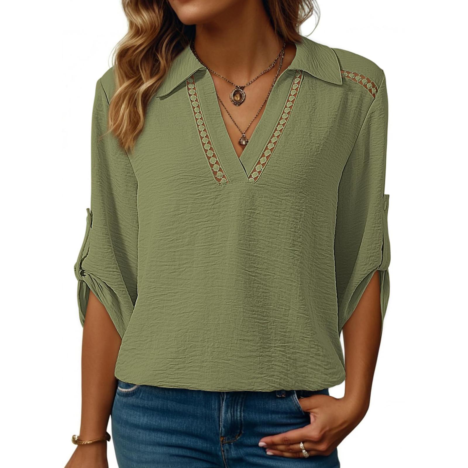 Women s Casual Openwork 3/4 Sleeve V,Neck Top XL