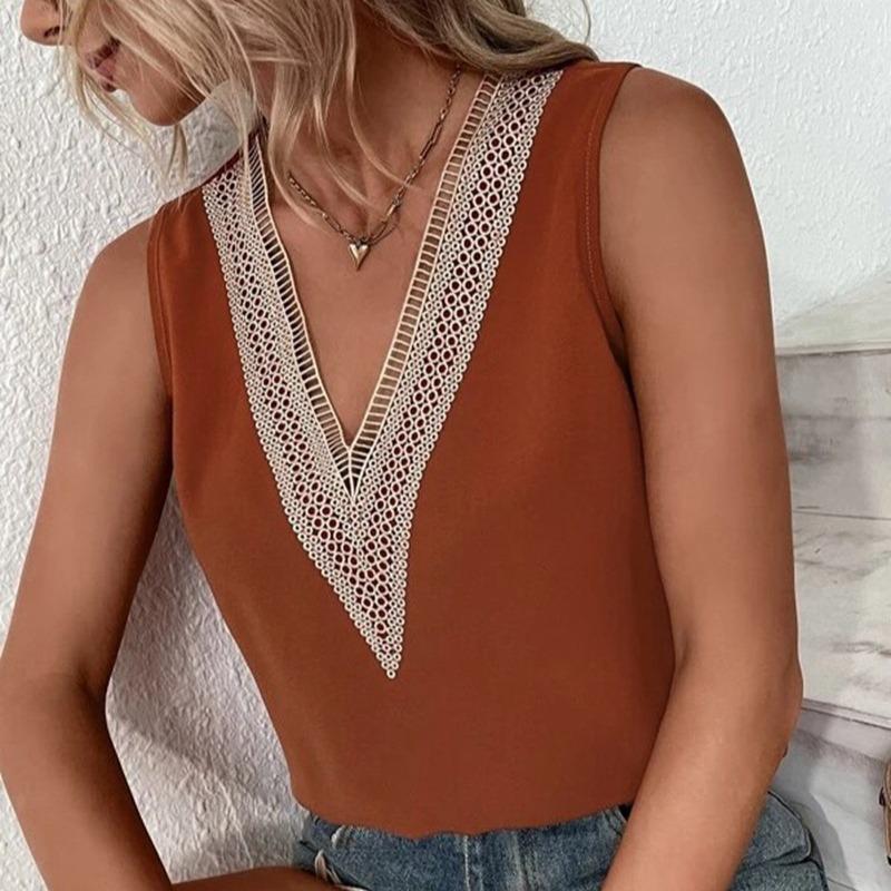 Nowe letnie bluzki bez rękawów z dekoltem w serek z koronki patchworkowej damskie proste modne eleganckie luźne koszule damskie vintage slim fit solidne bluzki damskie topy 26035