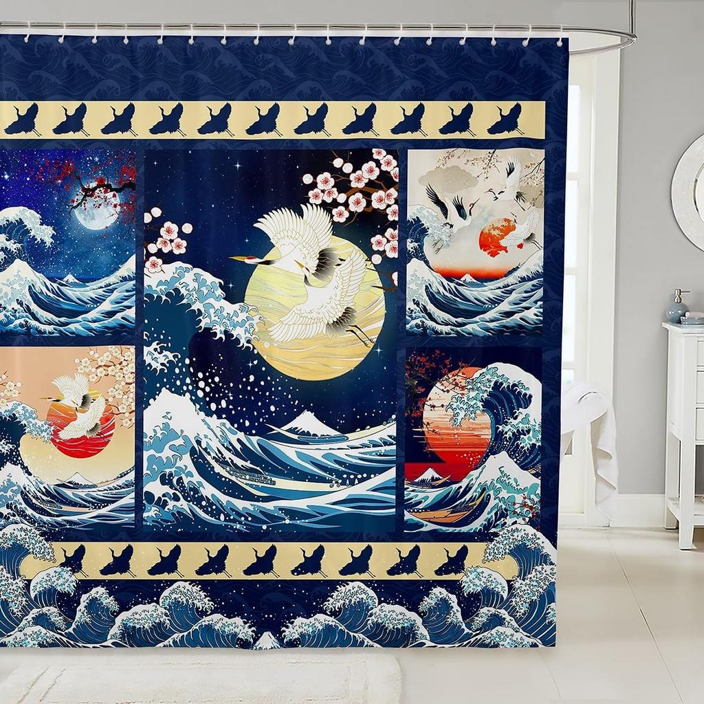Kids Japanese Geisha Shower Curtain Boys Girls Cherry Blossoms Bathroom Shower Curtain Set Japanese Style Bath Curtain