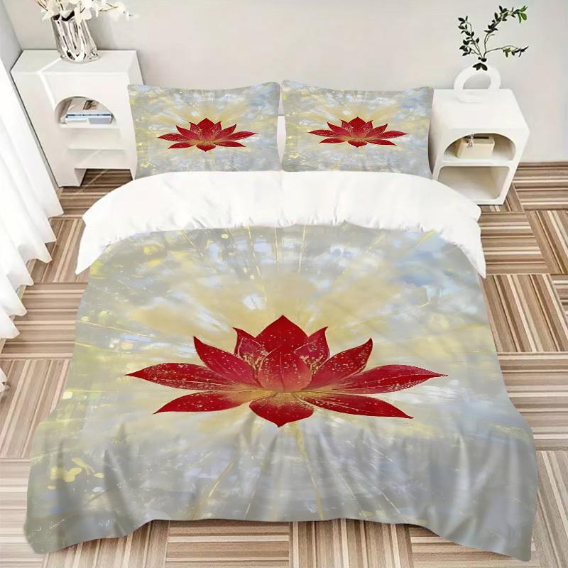 3pcs Lotus Flower Print Duvet Cover Set - Machine Washable, Includes 1 Cover and 2 Pillowcases, No Core Included yy251013078