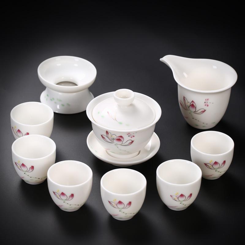 

Дэхуа белый фарфор саловый нефрит фарфор деколь золотая роспись чайный сервиз на 10 персон подарочная коробка