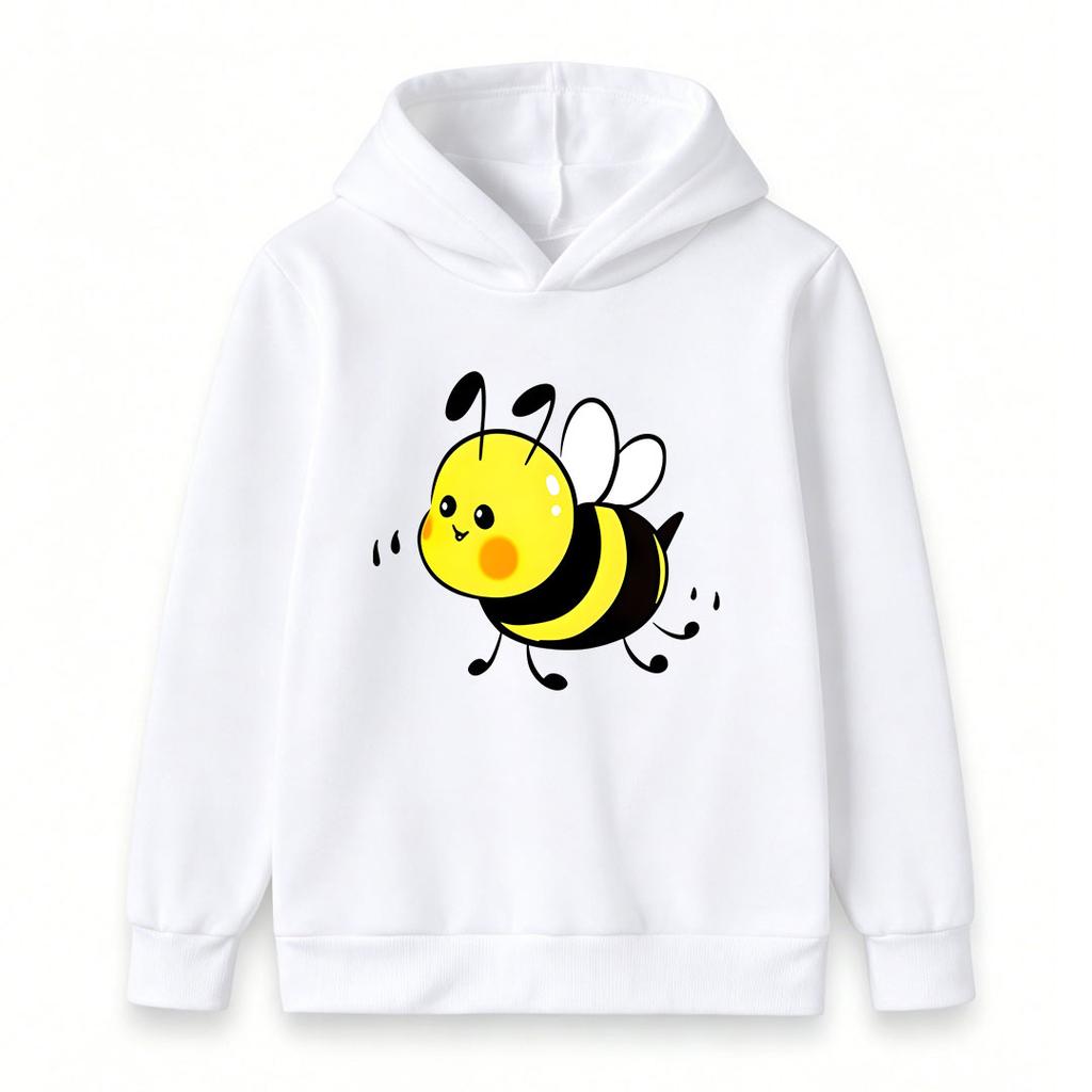 Cute Cartoon Bee Print Kids Hoodie, Unisex Boys Girls Casual Soft Pullover Sweatshirt, Comfortable Long Sleeve Hooded Top for Daily Wear and Outdoor A