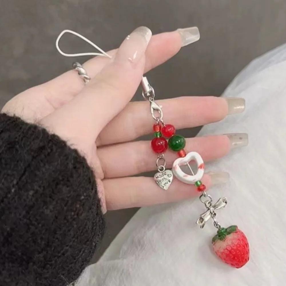 Korea Cute 3D Strawberry Cellphone Strap Chain Love Heart Pendant Keychain for Backpack Charm Dainty Bow Phone Strap Keyring