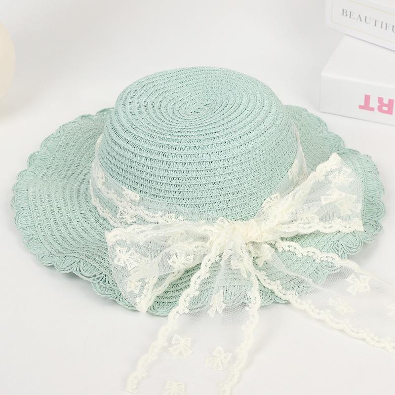 Sweet Lace Bow Straw Hat Outdoor Big Eaves Sun Hat Fashion Lace Ribbon UV Protective Straw Hat