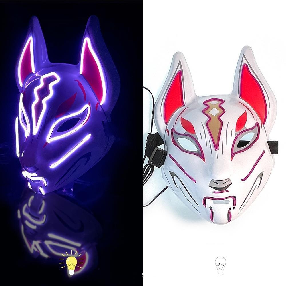 High Quality PVC Japanese Fox Mask Full Face Reusable Halloween Costume Mask Durable LED Neon Light Mask