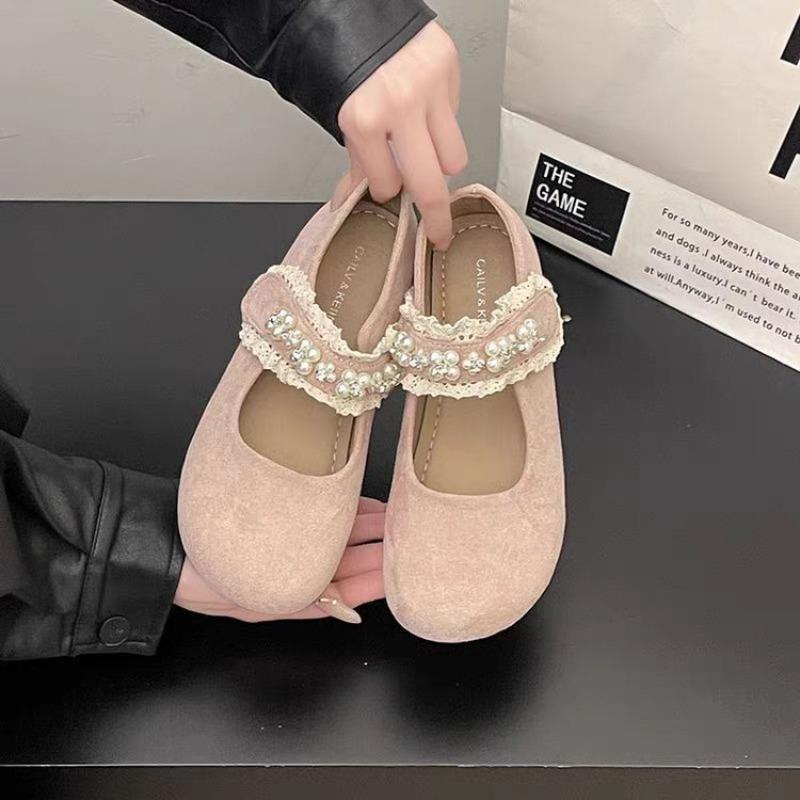 Velcro Flat Mary Jane Single Shoes Women's Autumn New Pearl Shallow Mouth with Skirt Versatile Beanie Shoes