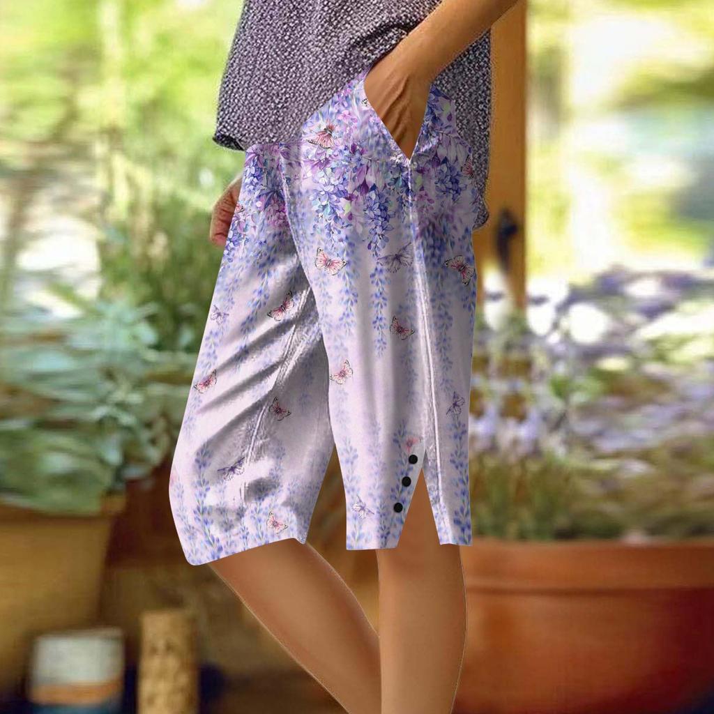 Lockere Kniebundshorts mit Blumenmuster und Seitentaschen für Damen Leichte lässige Sommerkleidung
