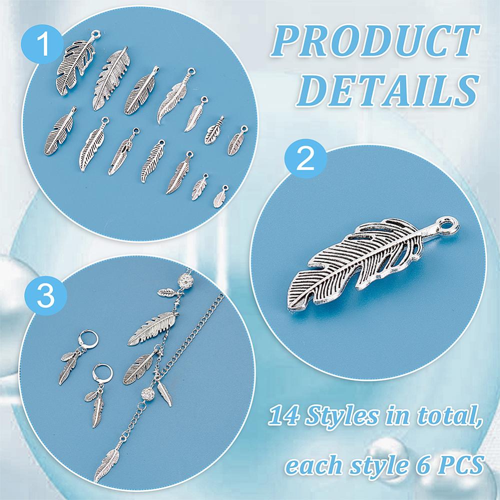 84pcs 14 Style Tibetan Style Alloy Pendants Feather Charm Cadmium Free & Lead Free Antique Silver 12~40x4~15.8x1~3.5mm Hole: 1~2mm 6pcs/style