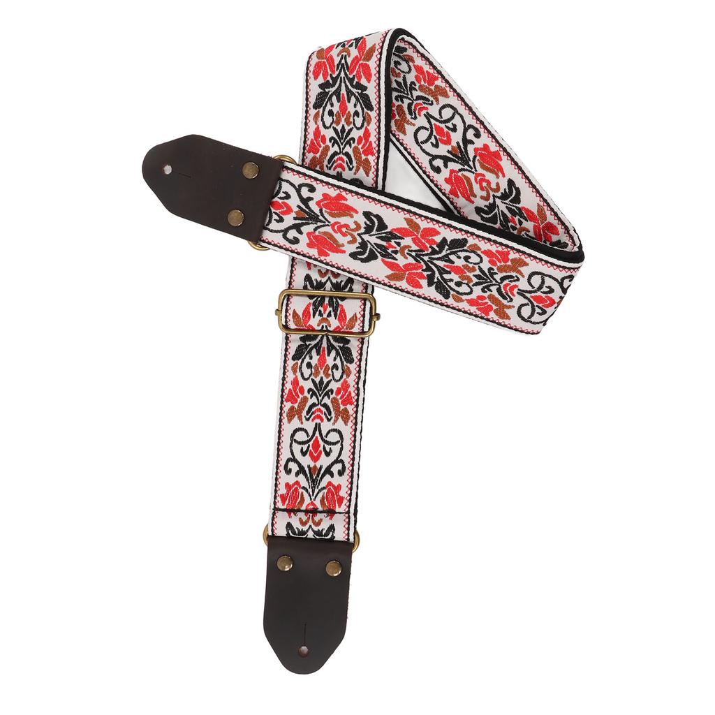 Guitar Strap Leather Head for Acoustic Electric Embroidered Jacquard Vintage Floral PatternWhite