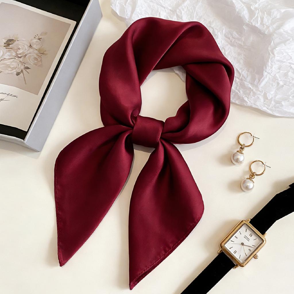 Burgundy small square scarf silk scarf women's spring, autumn and summer professional matching shirt neck protection scarf hair band tulle scarf scarf