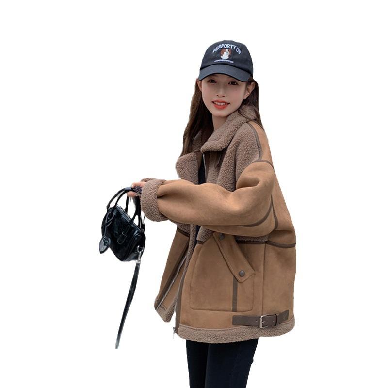 Damen Pelz Einteiler Faux Lammwolle Mantel Damen Winter Sinn Gepolstert und Verdickt Spleißen Biker Anzug Jacke