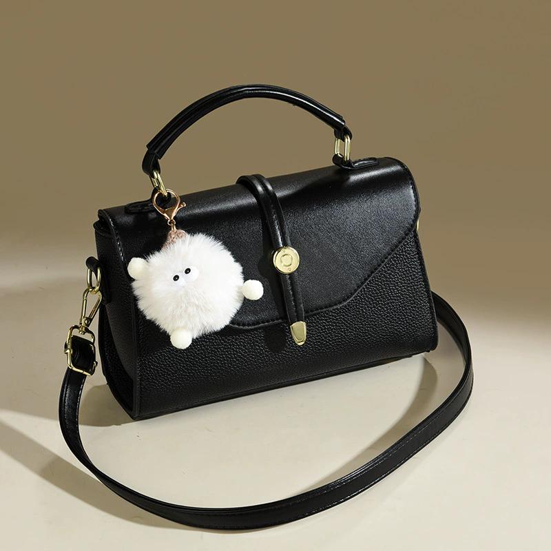 Women's Pink PU Leather Top-Handle Crossbody Bag, Luxury Soft Leather Designer Shoulder Bag with Plush Charm