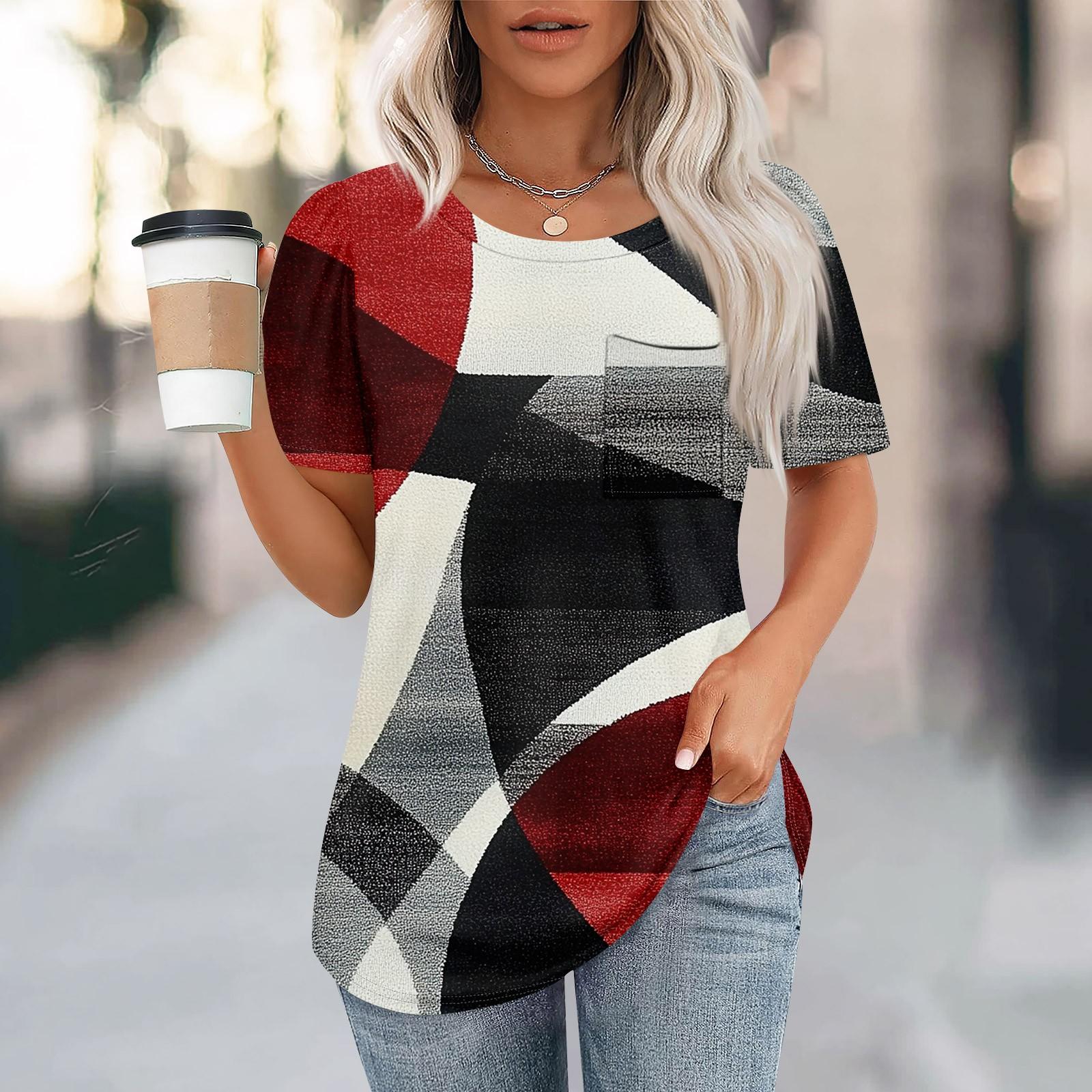 

Футболки для женщин, плиссированные, с круглым вырезом, нарядные, повседневные, блузки с принтом, с коротким рукавом, летние топы, свободный крой M