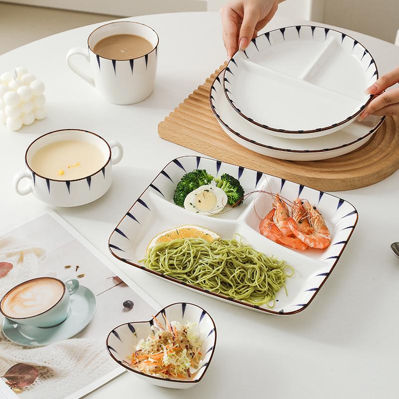 Japanese Creative Three-grid Dining Plate Household Ceramic Seasoning Plate Soup Bowl Vegetable Plate Breakfast Plate Set
