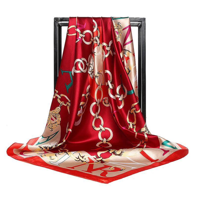 Luxury Women Silk Scarf Square Bandana Design Brand Headband Female Satin Hijab Large Shawl Wrap Lady Kerchief Chain Print New